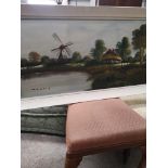 Large oil Painting depicting windmill and countryside scene signed Carlos.