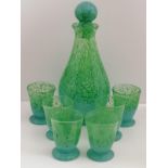 Rare Monart Scottish glass decanter with 6 matching glasses in light green and dark green