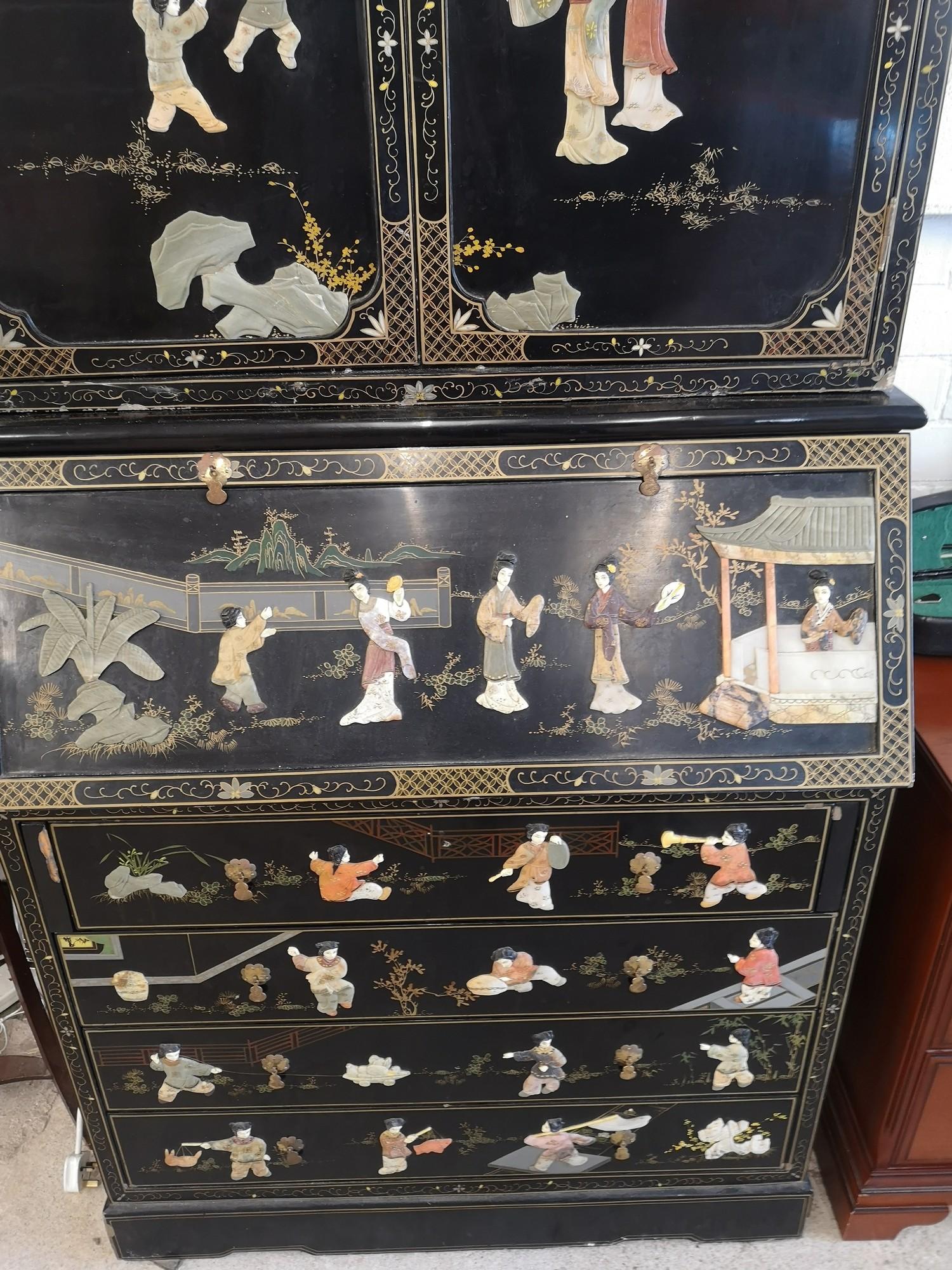 Chinoissere 2 section Oriental bureau book case with mother of pearl inlays etc. - Image 5 of 6