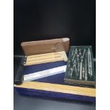 Architectural drawing set, with masons hygrometer with fitted leather case.