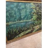 Massive oil Painting on canvis depicting African people on the river in forest signed Tambu.