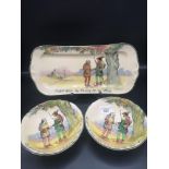 3 Royal doulton Robin Hood the friend of the poor platter with two matching plates.