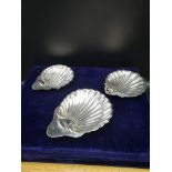 3 Silver Hall Marked Scallop Dishes in the shape of Shells.