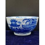 Early Chinese blue glazed sugar bowl depicting pagoda, boat scene in the blue and white. 4 inches in
