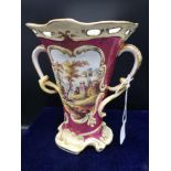 Large Victorian Panel Painted 2 Handle Vase. 7" tall.