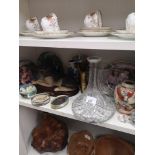 Large shelf of collectables to include Chinese vase , crystal decanter with stopper collector plates