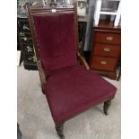 Stunning victorian gentlemans chair set in purple upholstery.