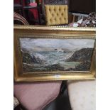 Victorian raised out oil Painting of sea coastel scene unsigned in gilt frame.
