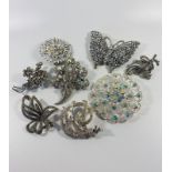 8 Rhinestone and marcasite brooches vintage & modern.