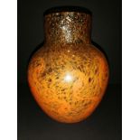 Scottish glass Monart vase set in orange, brown, with silver Mica inclusions, shape is Rd, 9