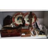 Shelf of interesting items to include jewellery, playing card box, royalty plates etc.