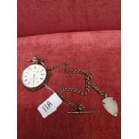 Silver Hall marked full hunter pocket London with silver Albert chain and fob. J. W Benson.