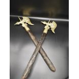 Pair of Brass & Wood Axes with Dragon Carvings.