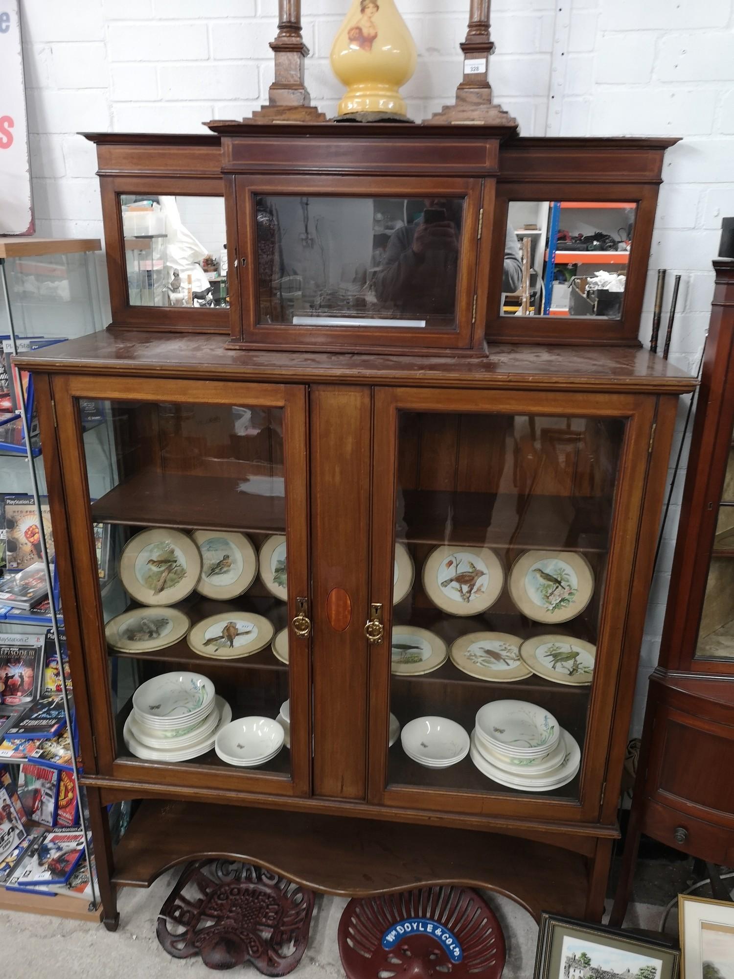 Large Edwardian inlaid dresser with 2 glass fronted doors with mirror back.