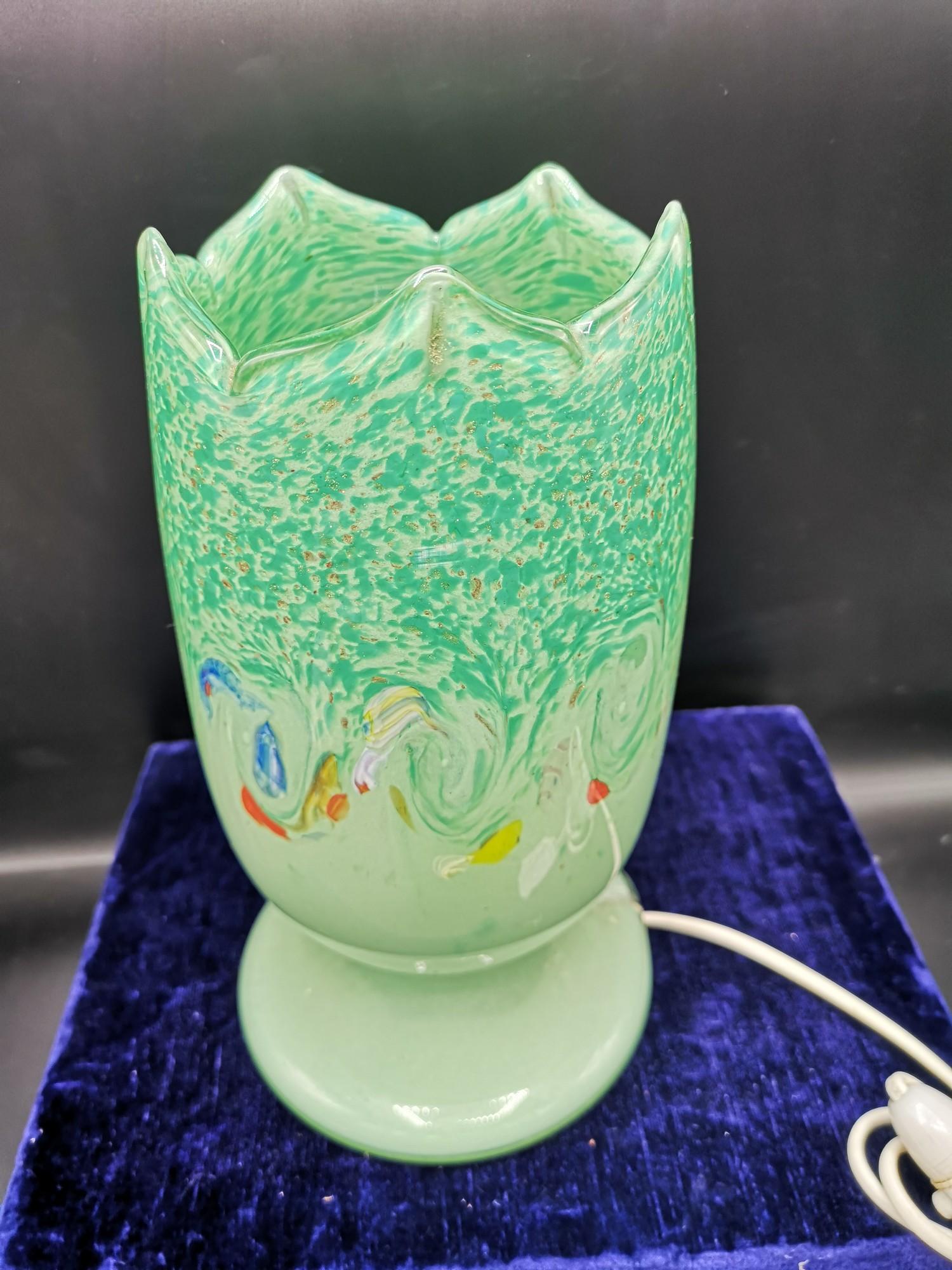 Monart scottish glass table lamp with green colouration and mulit swirl colourations. - Image 5 of 5