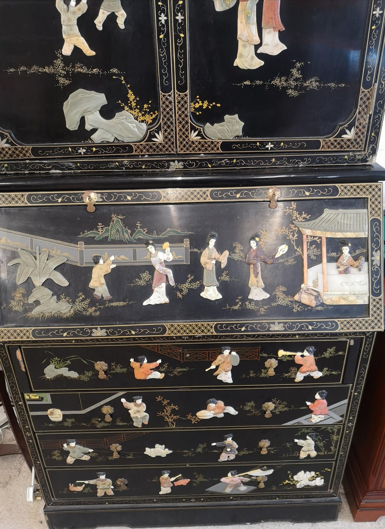Chinoissere 2 section Oriental bureau book case with mother of pearl inlays etc. - Image 3 of 6