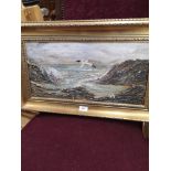Large oil Painting raised out depicting coastel scene with seagull flying in gilt framing.