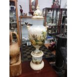 1900s porcelain temple jar with matching pedistal stand. As found stands 2 ft in height.