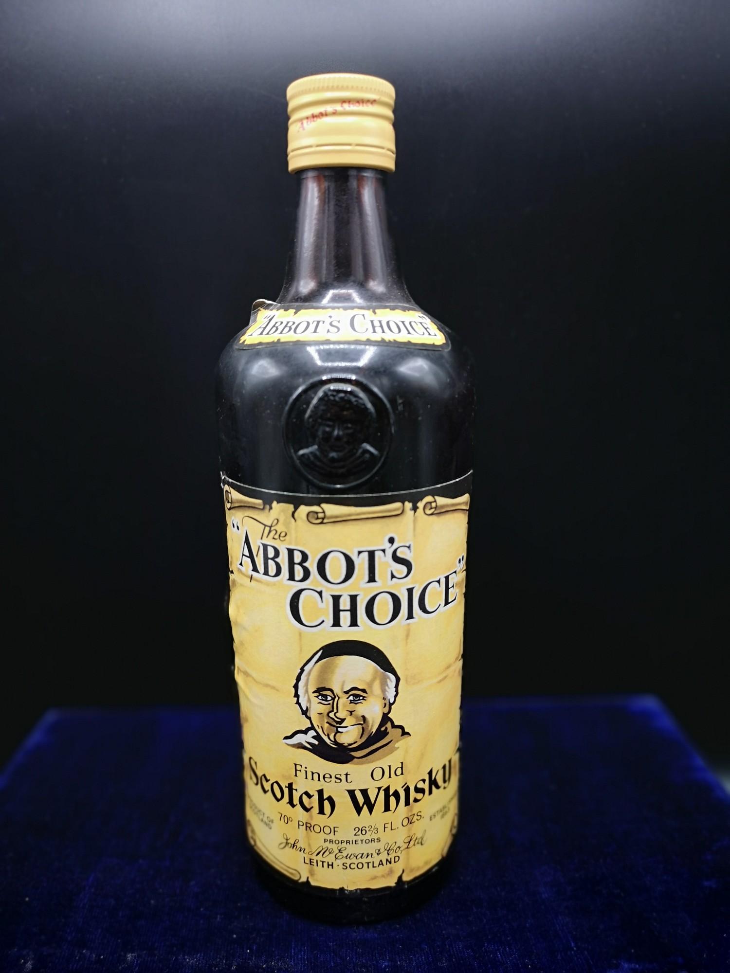 The abbot's choice finest old scotch whisky 70% proof, 26 2/3 fl ozs. Full and sealed.