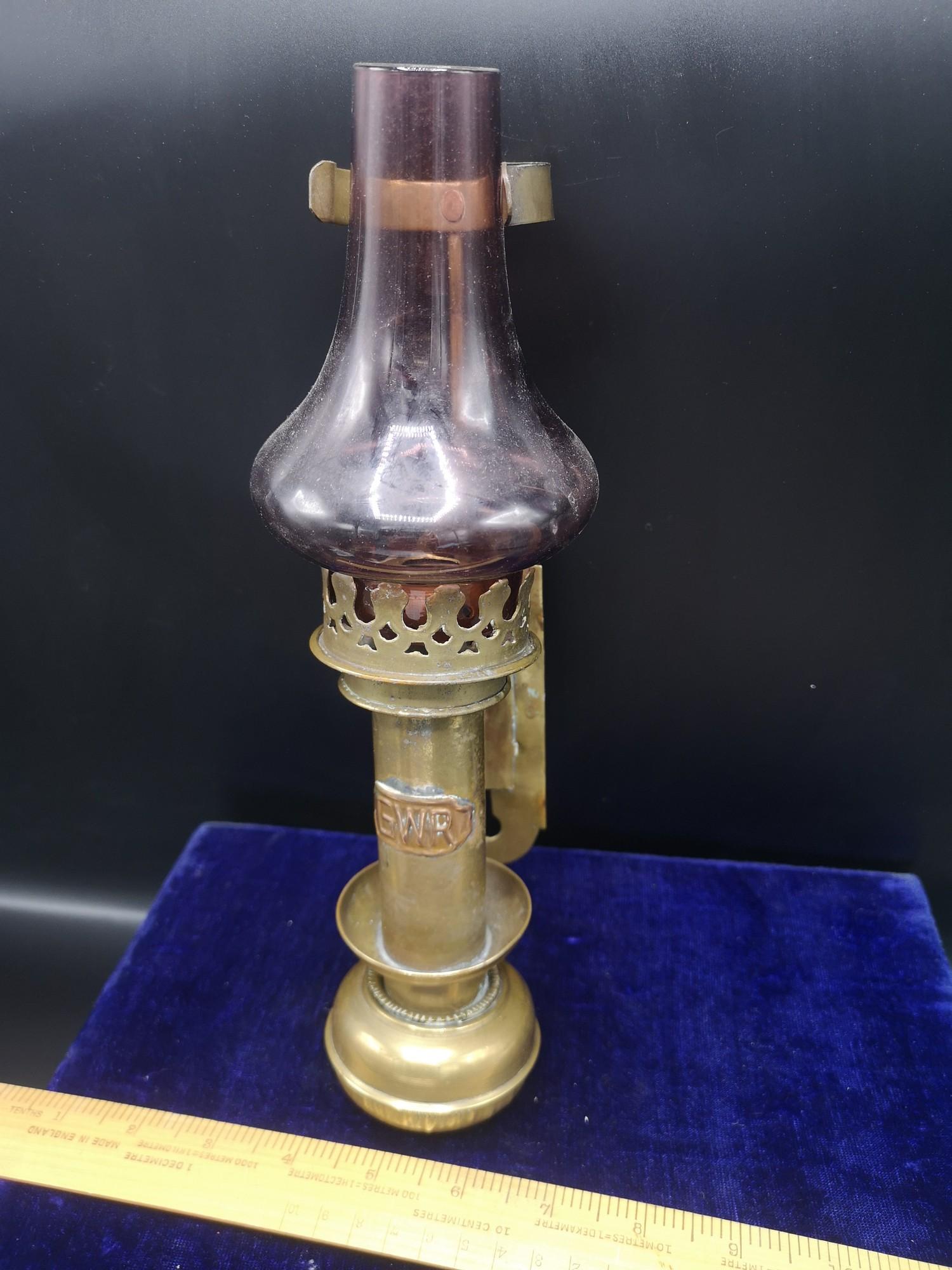 Antique brass railway oil lamp with glass shade. - Image 2 of 3