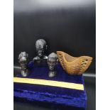 3 African small head busts together with African vessel bowl.