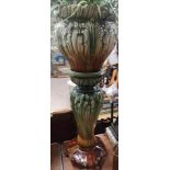 Stunning art nouveau majolica jardineer with pedistal stand in the tinglazed. Stands over 3ft in