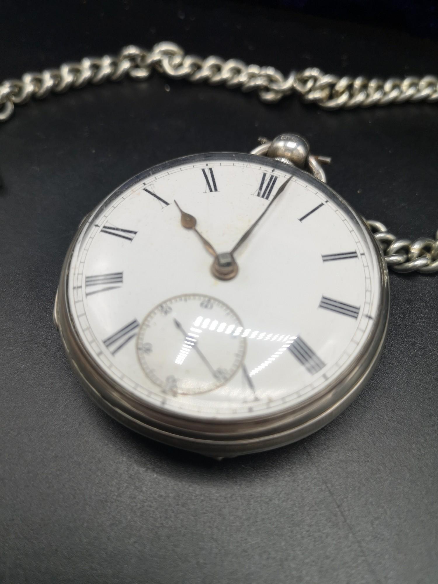 Silver Hall marked pocket watch with Albert chain. - Image 2 of 3