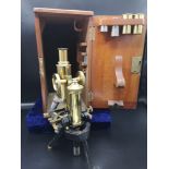 Antique brass J Swift of London microscope in fitted wooden case.