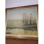 Large oil painting depicting country side scene with river signed brooks in gilt framing .