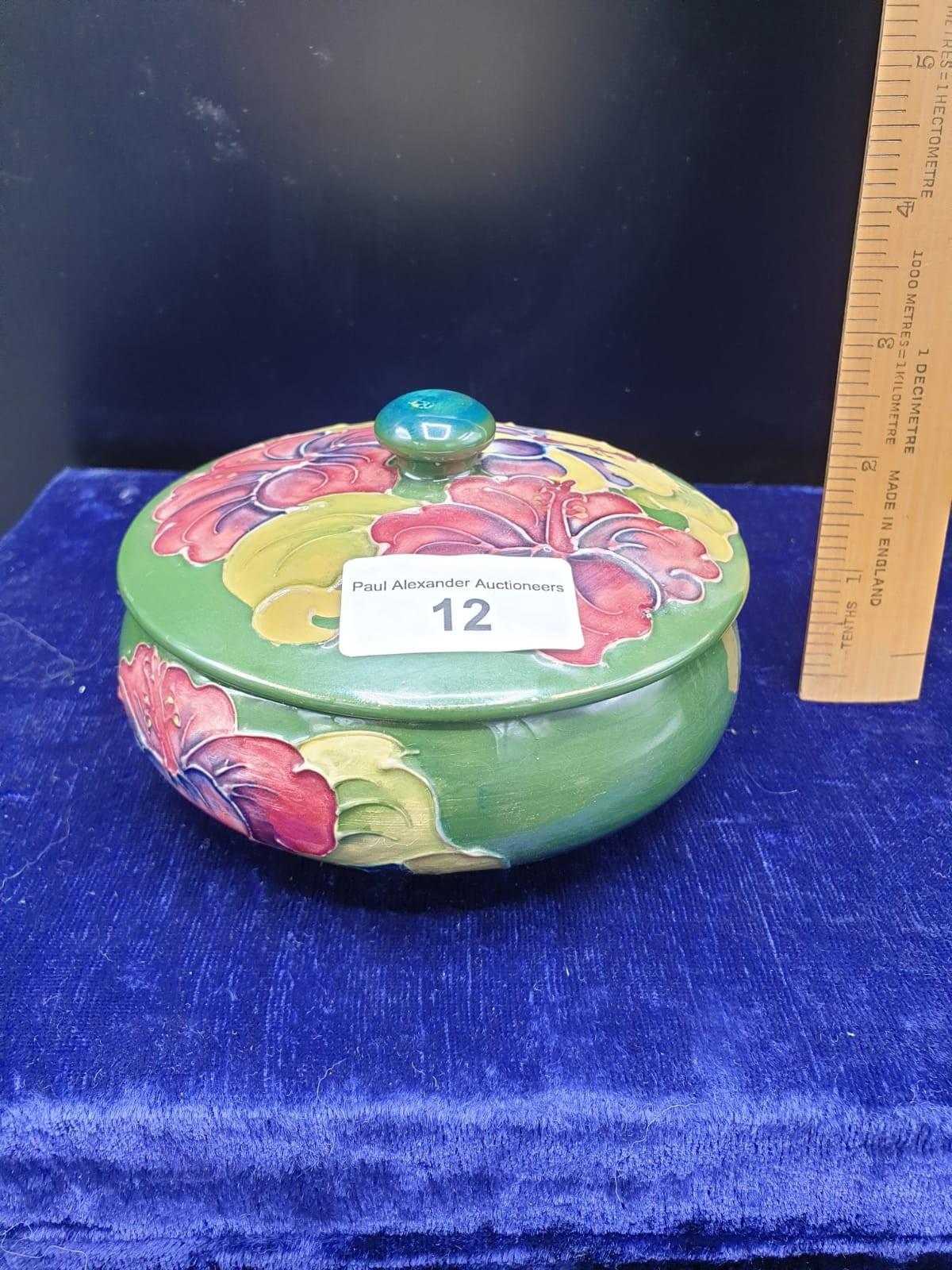 Early Moorcroft Hibicus Pattern Powder Bowl With Cover.