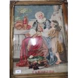 Framed antique tapestry depicting priest and child.