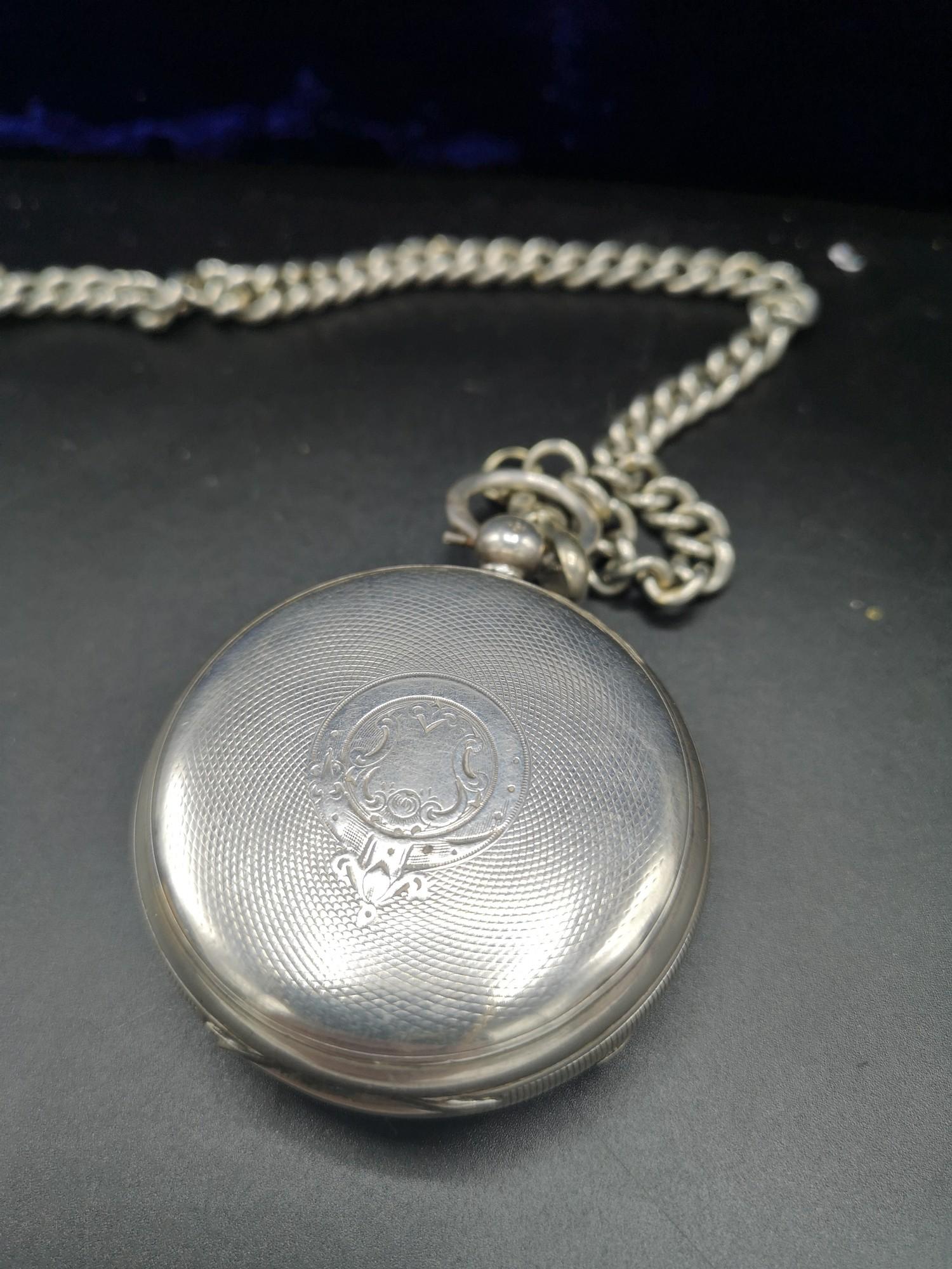 Silver Hall marked pocket watch with Albert chain. - Image 3 of 3