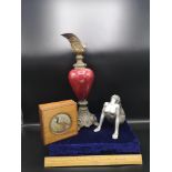 Spelter style vase, art deco style figure together with small box.