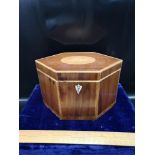 Stunning Edwardian inlaid hexagonal tea caddy with fitted interior comes with key.