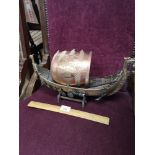 Bronze / brass viking ship model on support stand with shield s.