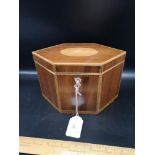Edwardian hexagonal tea caddy with fitted interior and key.