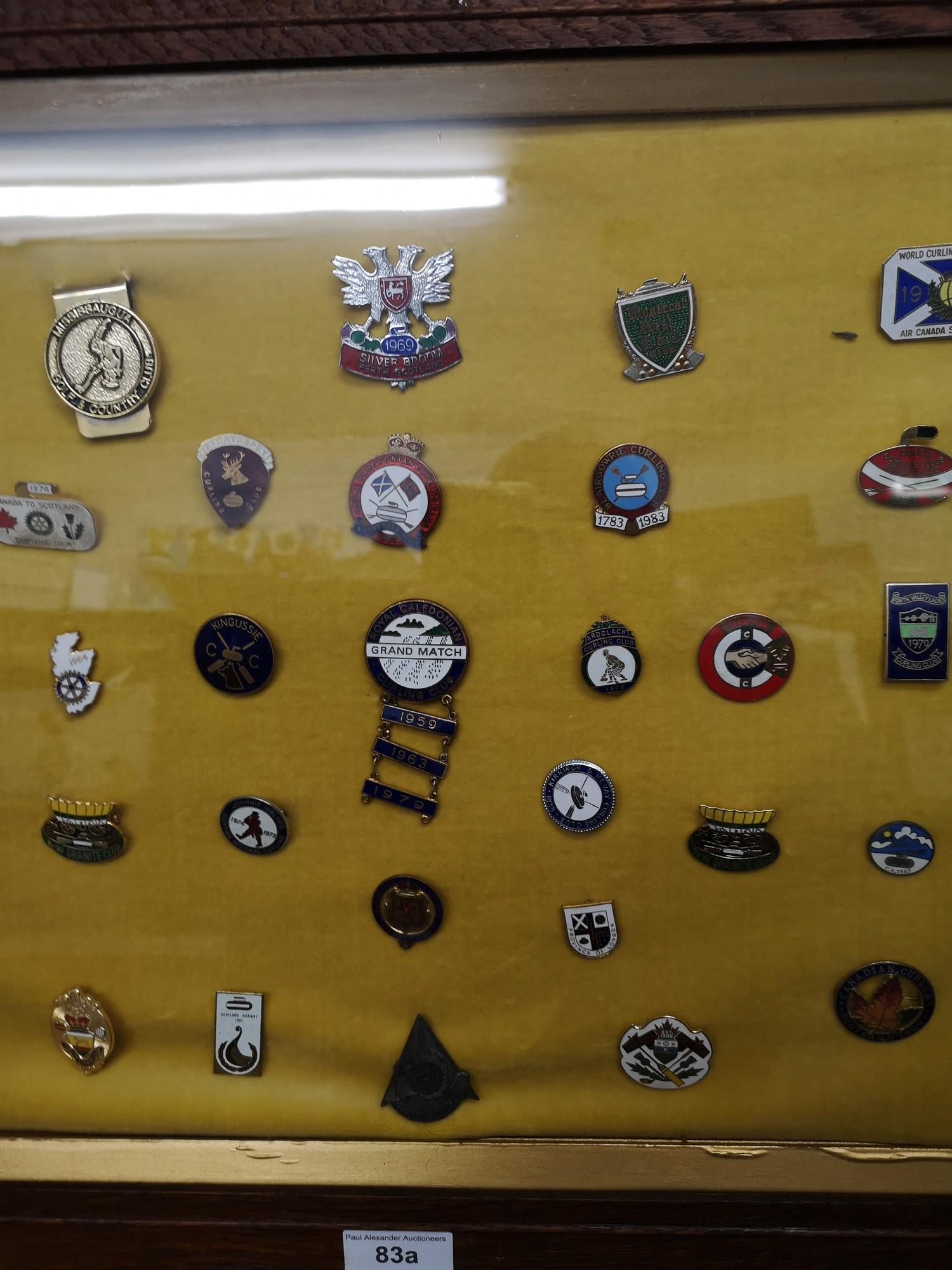 Collection of enamel scottish curling stone medal and badges in fitted framing. - Image 2 of 5