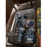 Box of collectables to include blue and white wares etc.