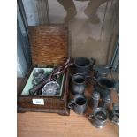 Shelf of collectables includes pewter small tankards wooden vintage jewellery box etc.