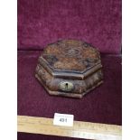 Antique sewing leather box with compass top and contents.