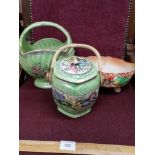 Kensington lustre vase, maling biscuit barrell together with wheatherby pottery parrot bowl.