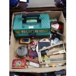 Large box of fishing items to include fishing tackle box reel etc.
