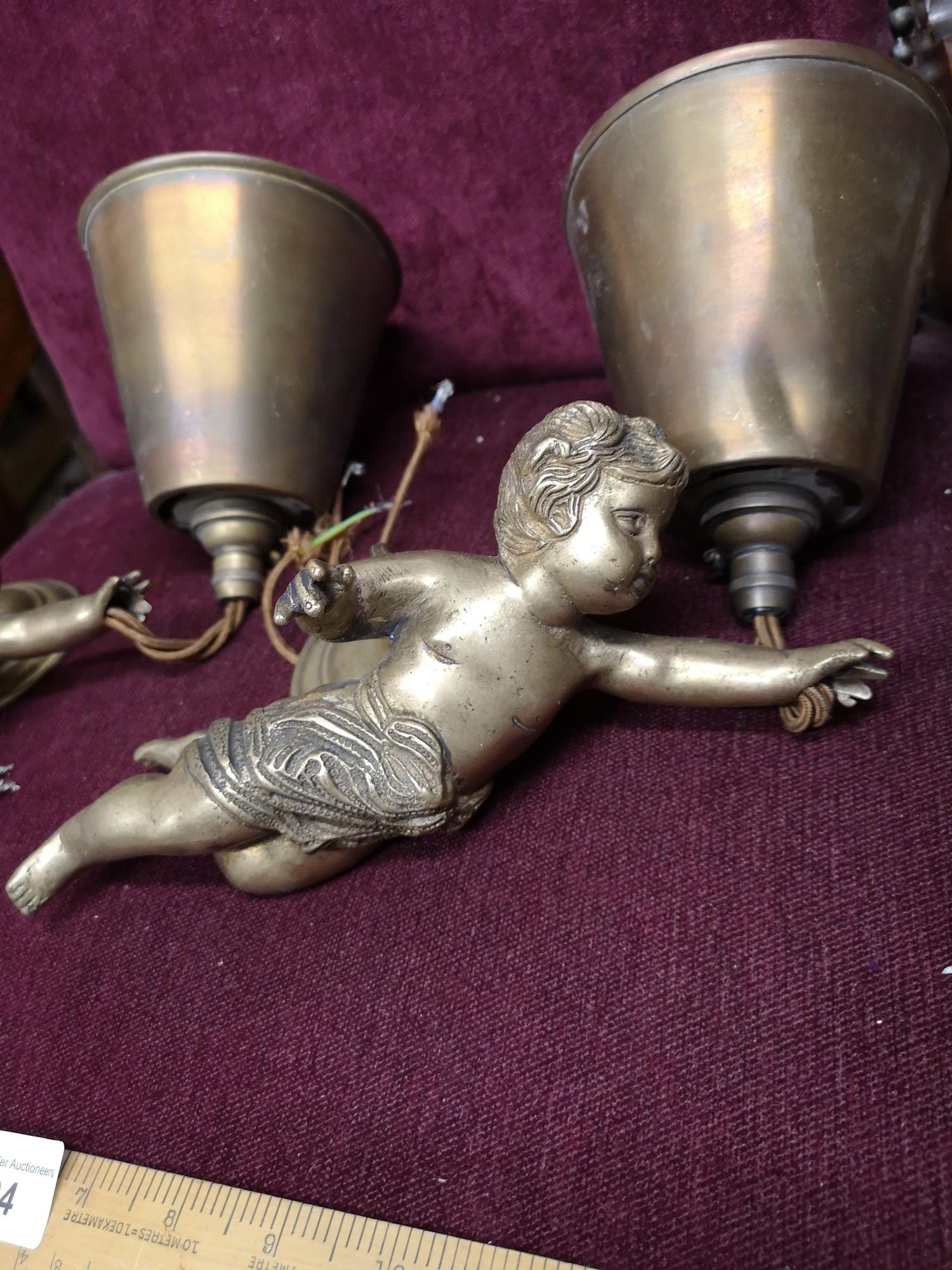 Pair of heavy quality brass cherubs wall light s with electrical fitting s. - Image 4 of 4