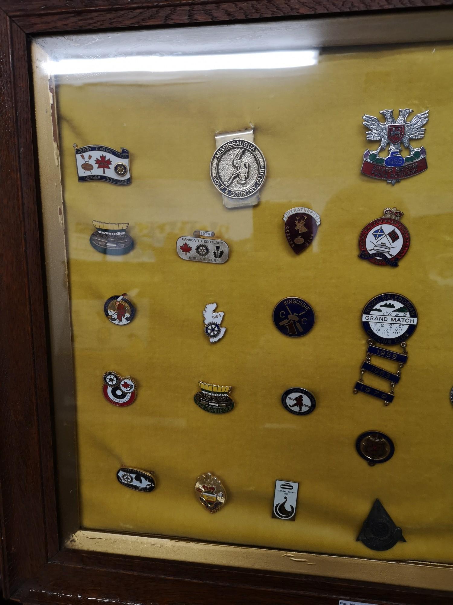 Collection of enamel scottish curling stone medal and badges in fitted framing. - Image 3 of 5