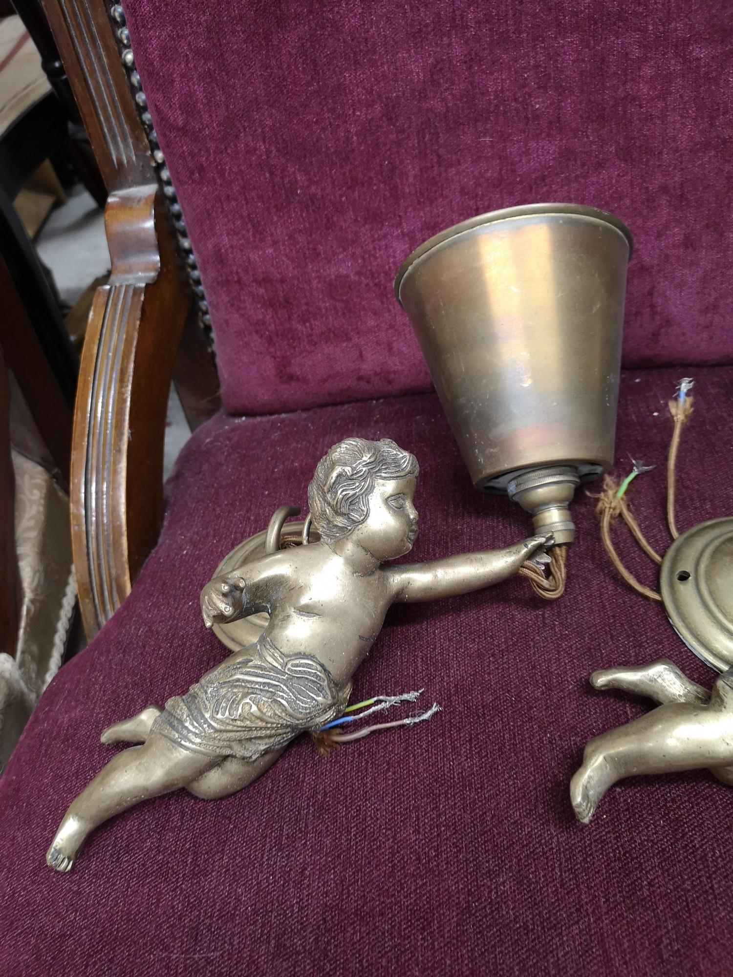Pair of heavy quality brass cherubs wall light s with electrical fitting s. - Image 3 of 4