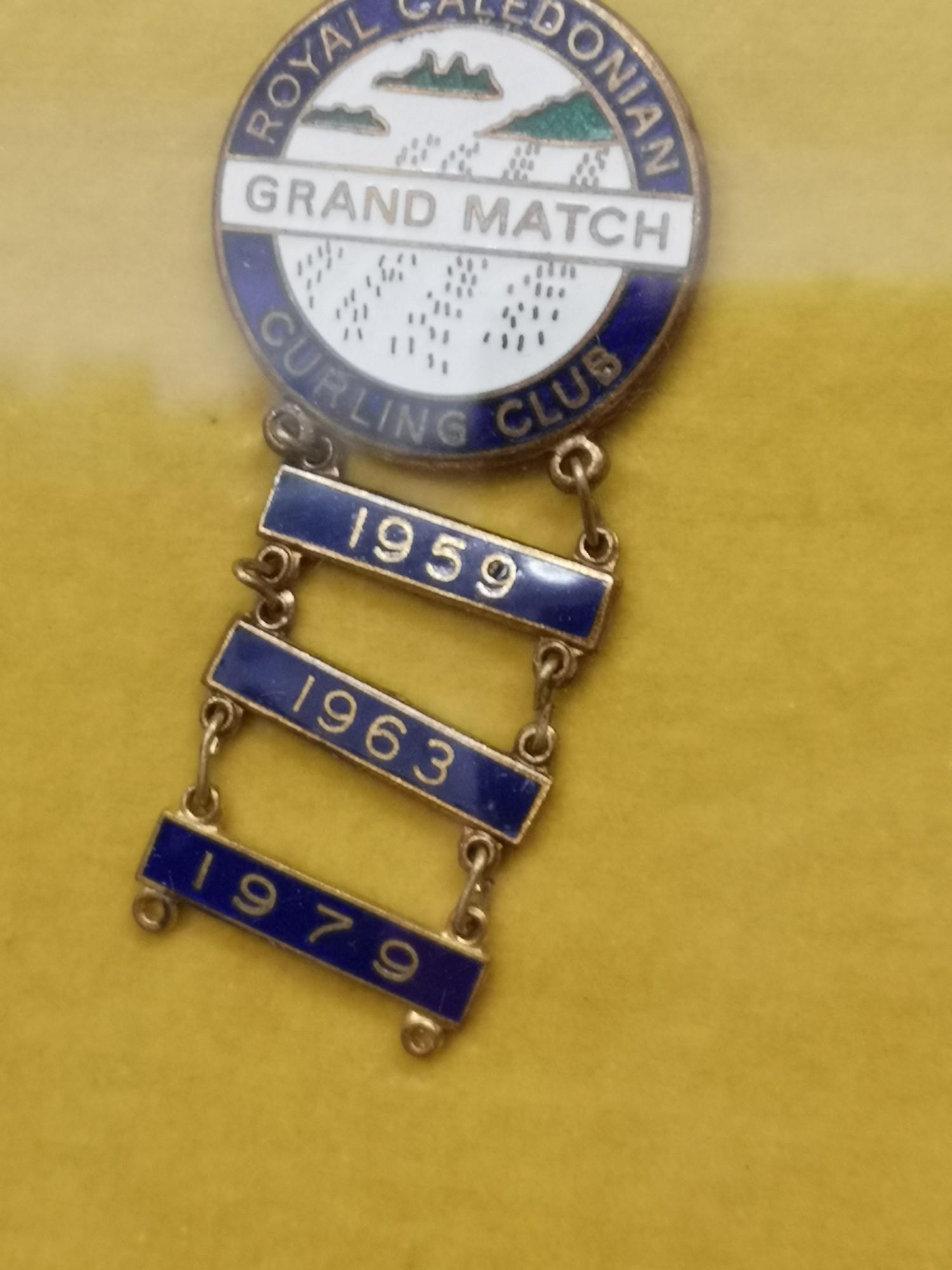 Collection of enamel scottish curling stone medal and badges in fitted framing. - Image 4 of 5