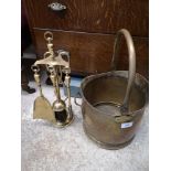 Brass companion set together brass coal skuttle.