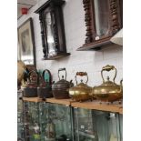 Collection of vintage tea pots to include brass with Amber handle.
