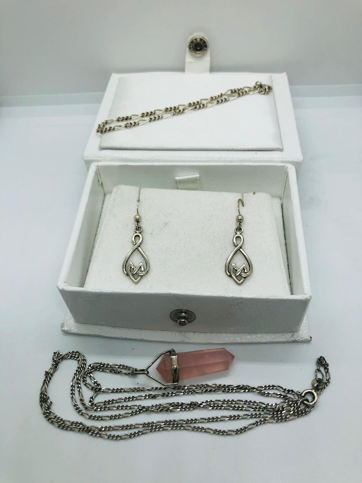 925 silver earrings, necklace , bracelet & rose quartz pendant 10.56grams.