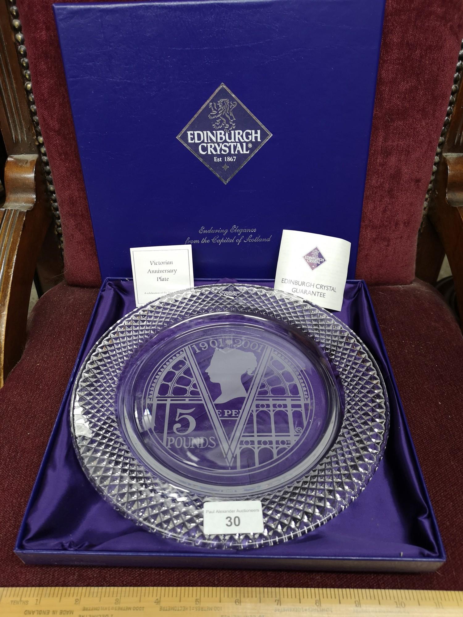 Boxed large Edinburgh Crystal victorian anniversary plate with presentation box.